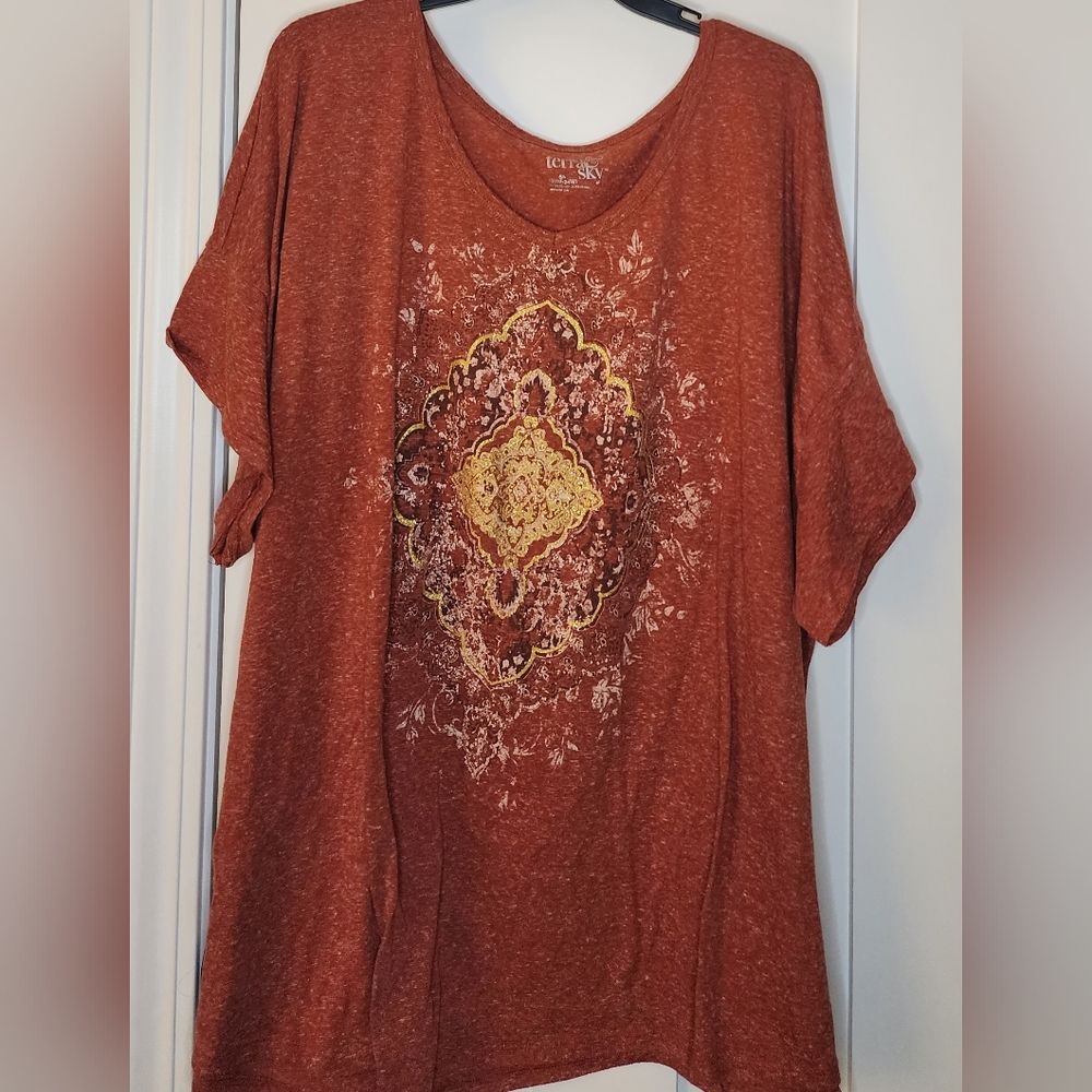 🧐Women's Plus Size Terra & Sky Burnt Orange T-shirt. Size 5X 32/34.